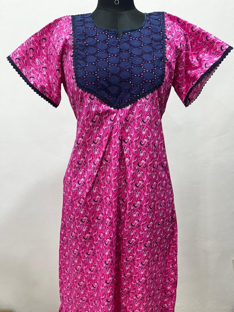 Frock Nighty with Hakoba work Neck – Cotton | Lace-Edged Sleeves (48” Length | 44” Width)