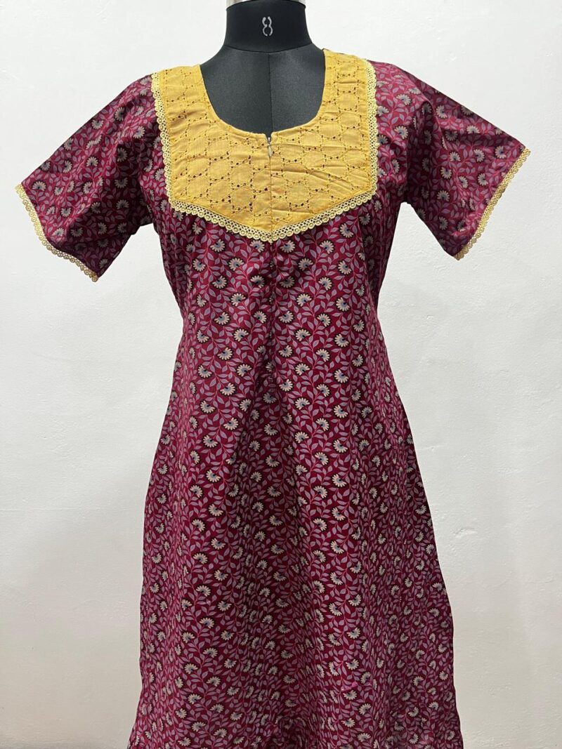 Feeding Frock Nighty with Hakoba Neck & 12" Center Zip – Cotton | Lace-Edged Sleeves (48” Length | 44” Width)