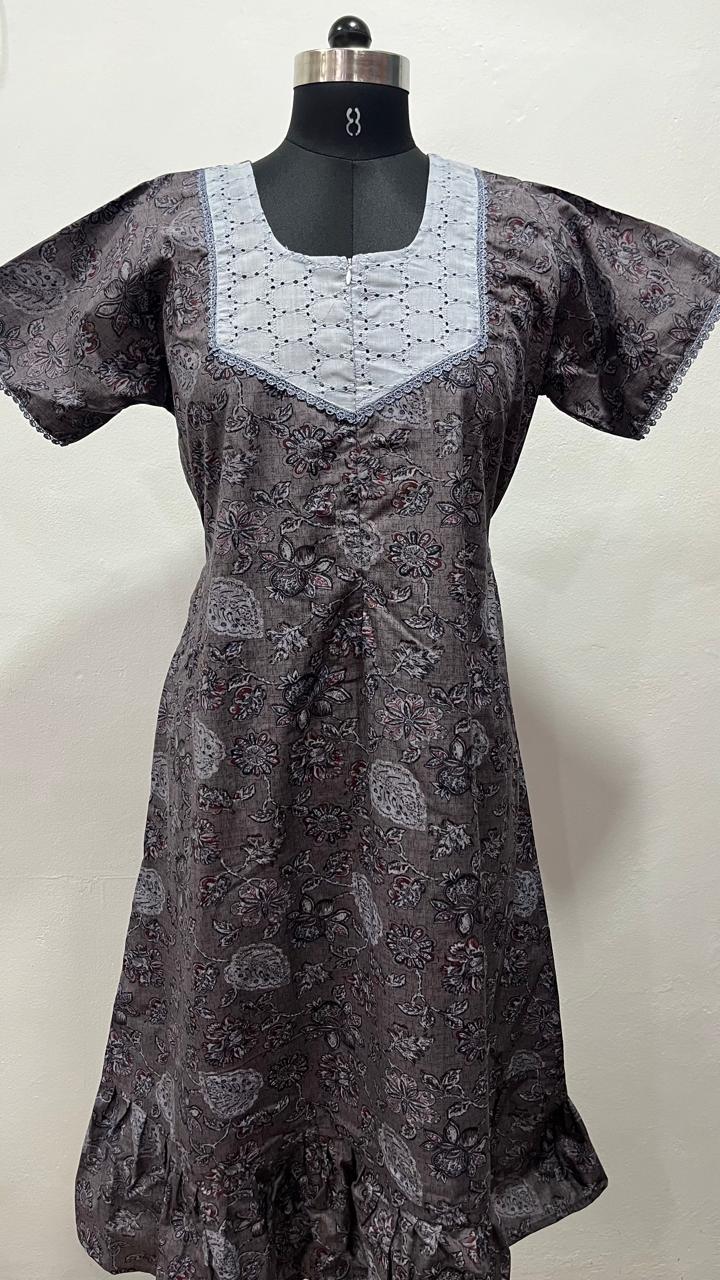 Feeding Frock Nighty with Hakoba Neck & 12" Center Zip – Cotton | Lace-Edged Sleeves (48” Length | 44” Width)