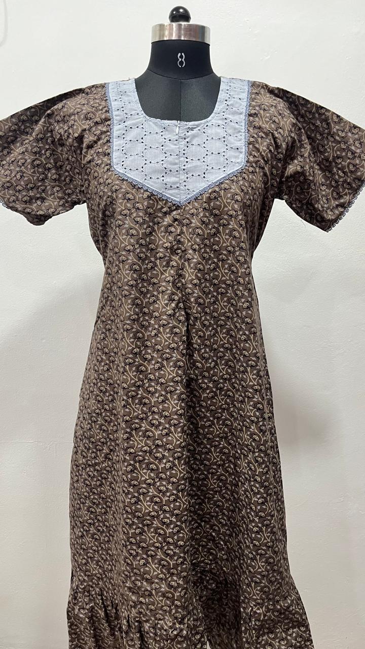 Feeding Frock Nighty with Hakoba Neck & 12" Center Zip – Cotton | Lace-Edged Sleeves (48” Length | 44” Width)