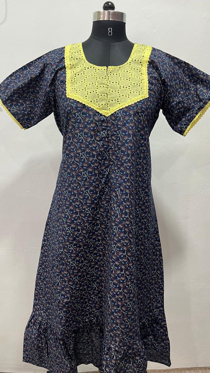 Feeding Frock Nighty with Hakoba Neck & 12" Center Zip – Cotton | Lace-Edged Sleeves (48” Length | 44” Width)