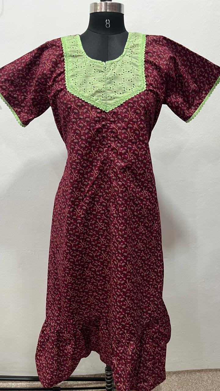 Feeding Frock Nighty with Hakoba Neck & 12" Center Zip – Cotton | Lace-Edged Sleeves (48” Length | 44” Width)