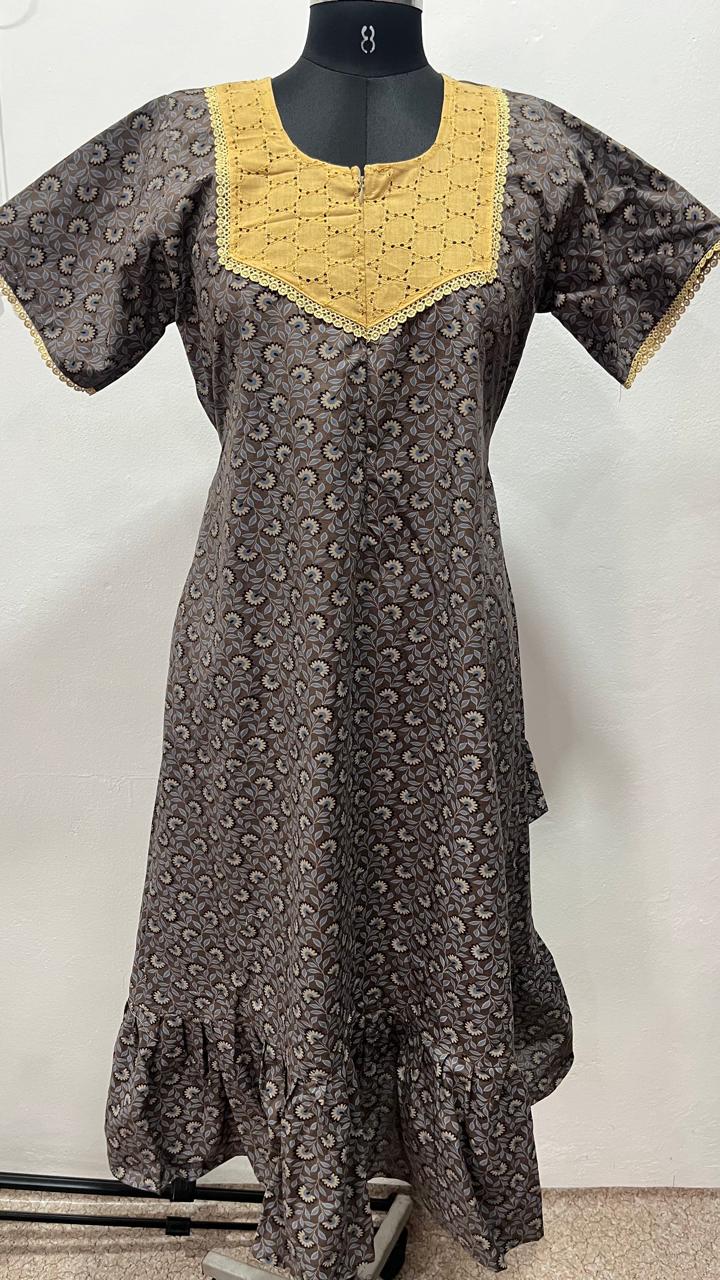 Feeding Frock Nighty with Hakoba Neck & 12" Center Zip – Cotton | Lace-Edged Sleeves (48” Length | 44” Width)