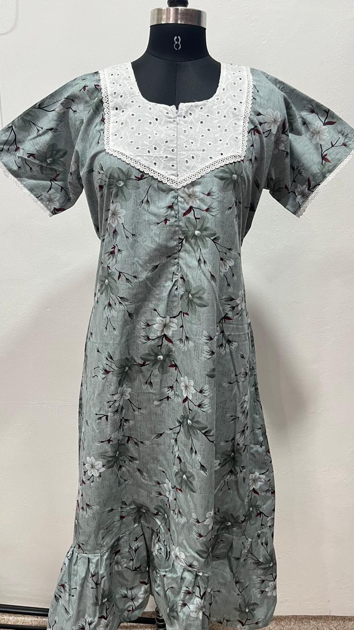 Feeding Frock Nighty with Hakoba Neck & 12" Center Zip – Cotton | Lace-Edged Sleeves (48” Length | 44” Width)