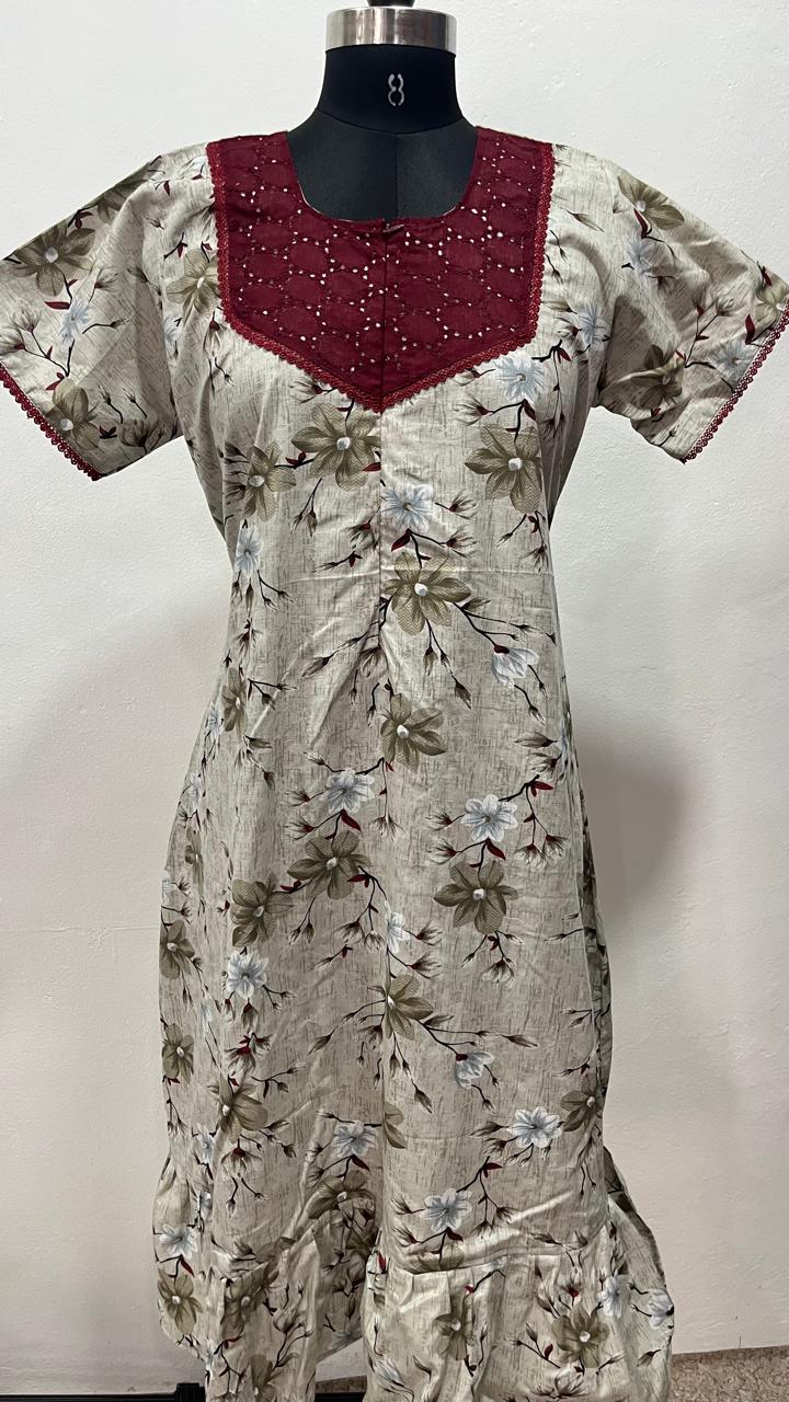 Feeding Frock Nighty with Hakoba Neck & 12" Center Zip – Cotton | Lace-Edged Sleeves (48” Length | 44” Width)