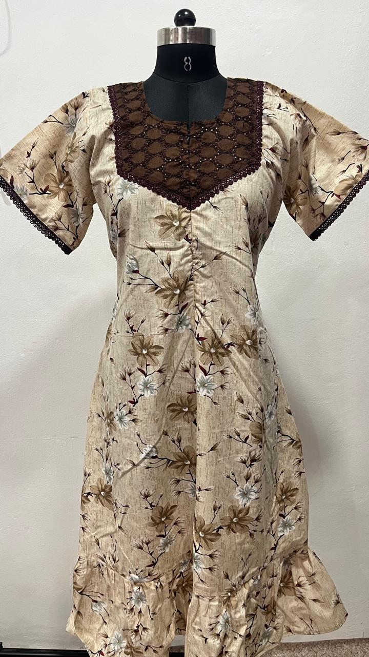 Feeding Frock Nighty with Hakoba Neck & 12" Center Zip – Cotton | Lace-Edged Sleeves (48” Length | 44” Width)