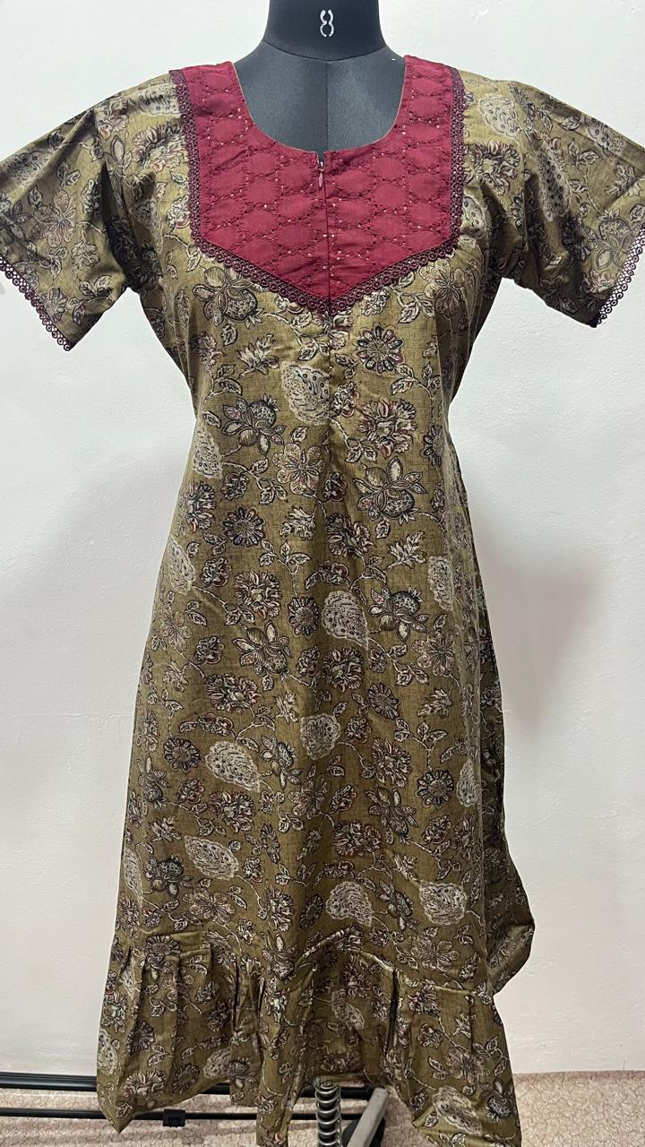 Feeding Frock Nighty with Hakoba Neck & 12" Center Zip – Cotton | Lace-Edged Sleeves (48” Length | 44” Width)