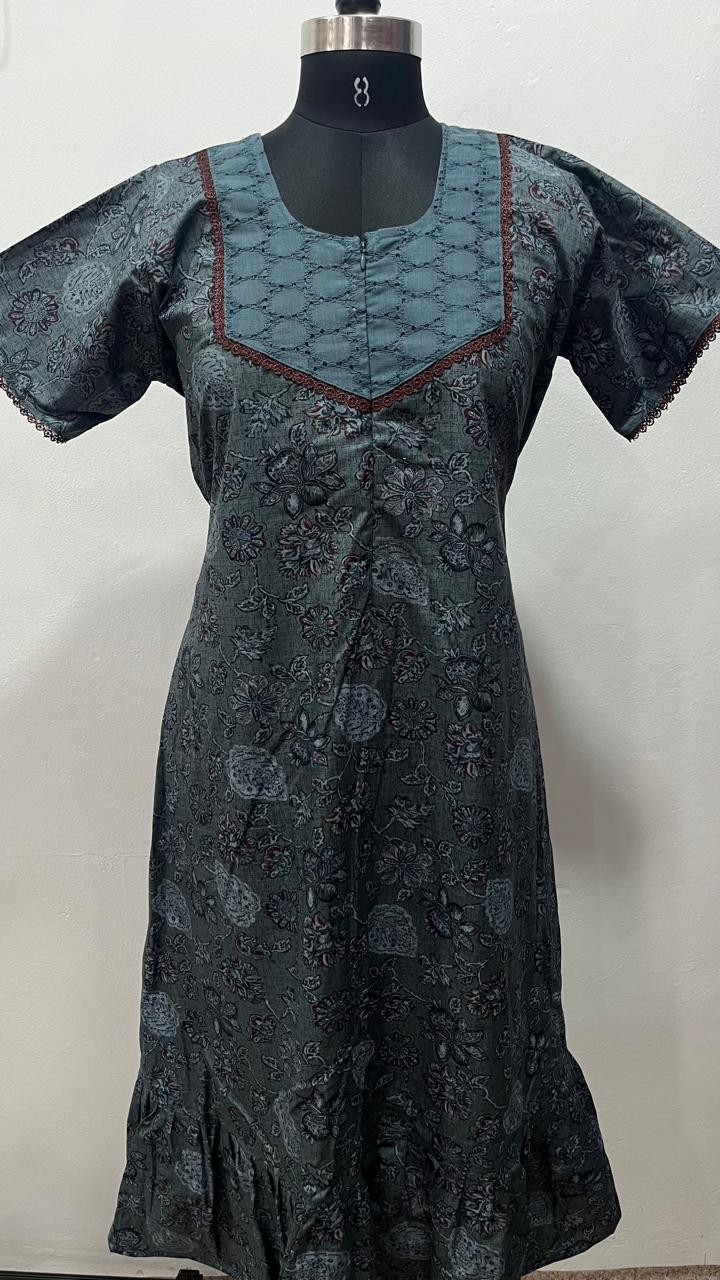 Feeding Frock Nighty with Hakoba Neck & 12" Center Zip – Cotton | Lace-Edged Sleeves (48” Length | 44” Width)