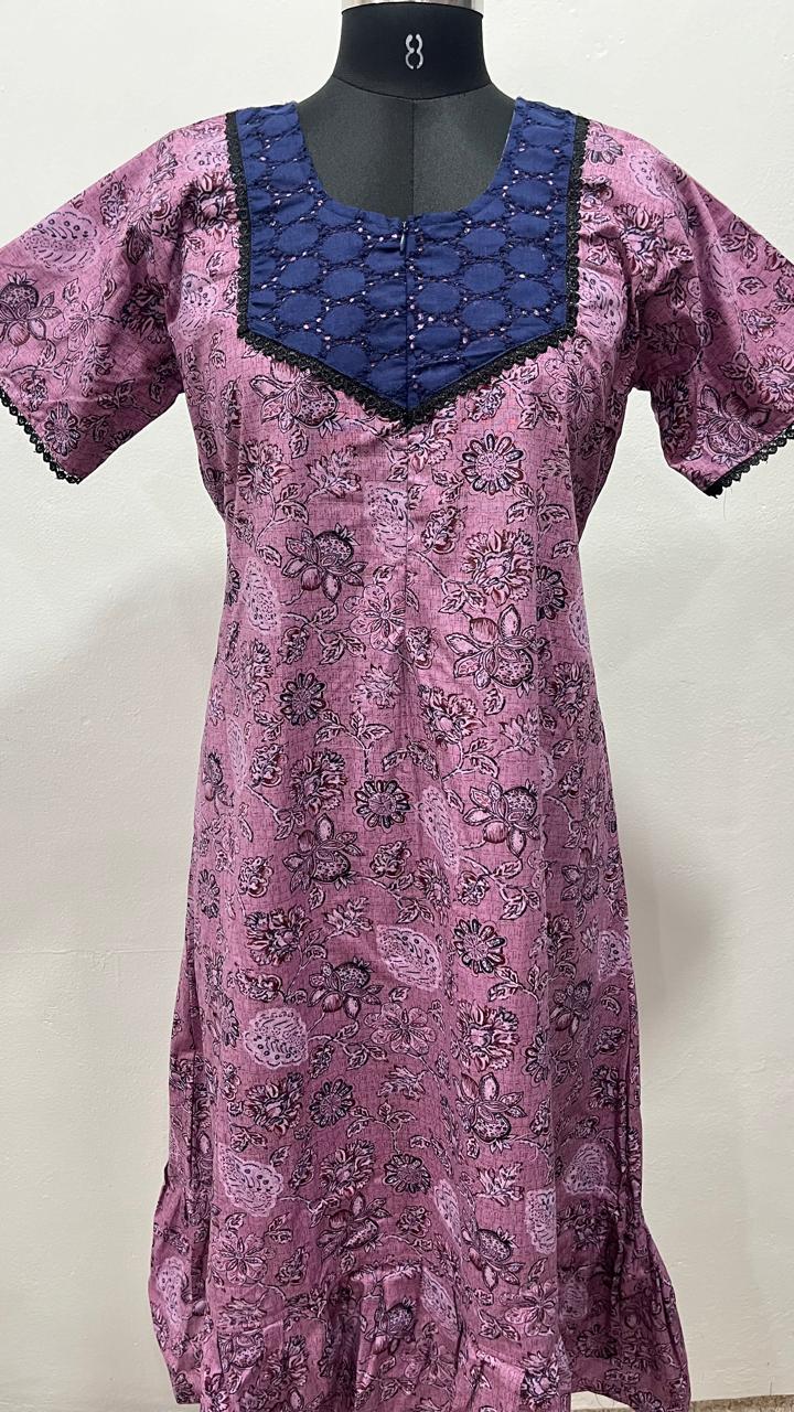 Feeding Frock Nighty with Hakoba Neck & 12" Center Zip – Cotton | Lace-Edged Sleeves (48” Length | 44” Width)