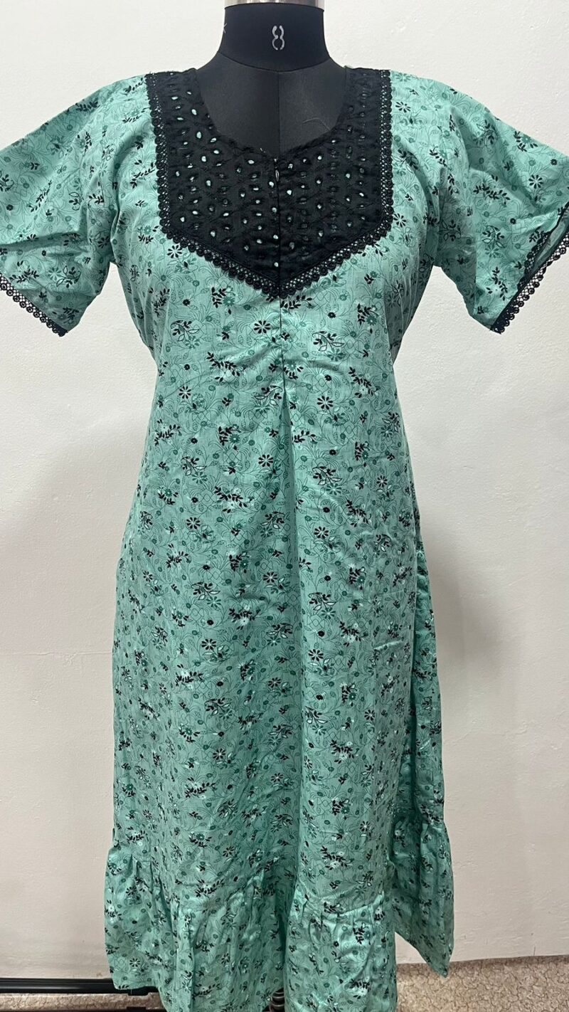 Feeding Frock Nighty with Hakoba Neck & 12" Center Zip – Cotton | Lace-Edged Sleeves (48” Length | 44” Width)