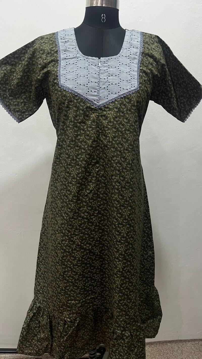 Feeding Frock Nighty with Hakoba Neck & 12" Center Zip – Cotton | Lace-Edged Sleeves (48” Length | 44” Width)