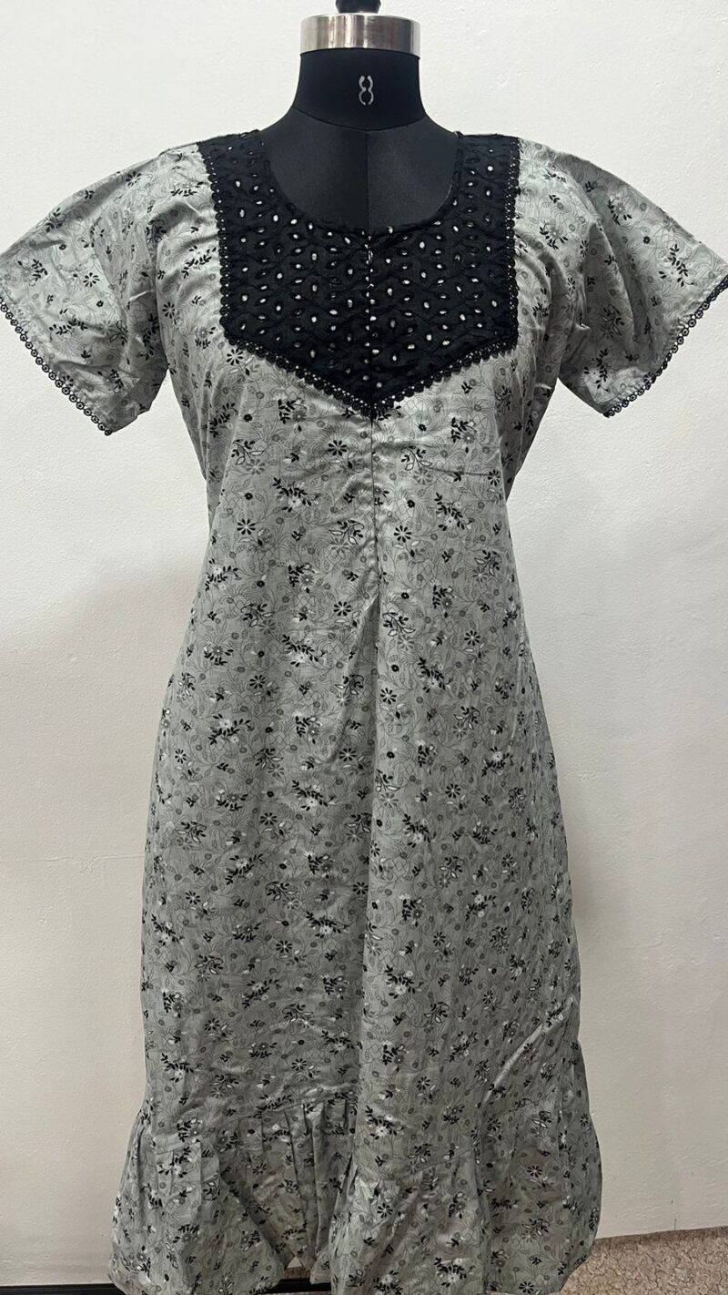 Feeding Frock Nighty with Hakoba Neck & 12" Center Zip – Cotton | Lace-Edged Sleeves (48” Length | 44” Width)