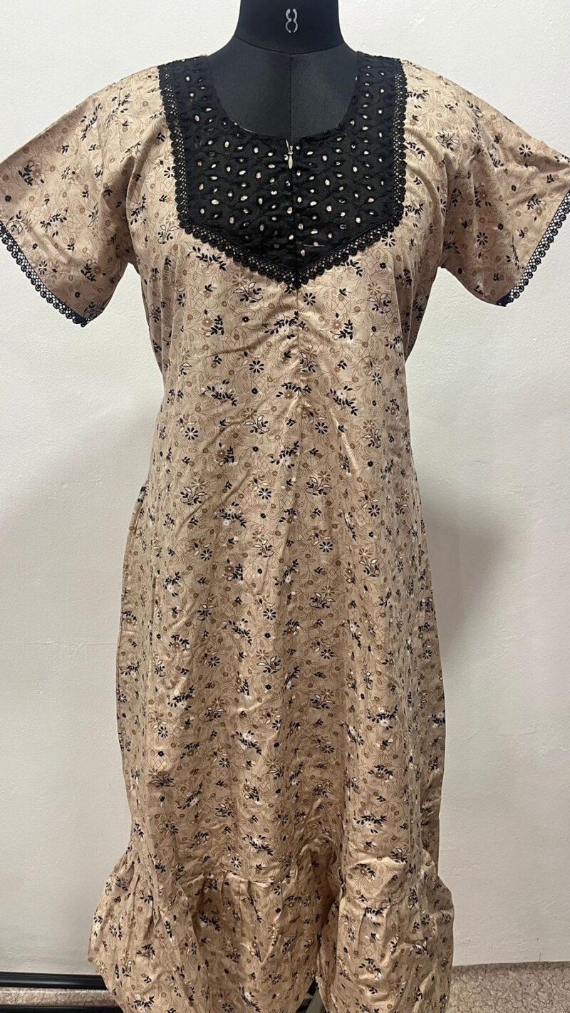 Feeding Frock Nighty with Hakoba Neck & 12" Center Zip – Cotton | Lace-Edged Sleeves (48” Length | 44” Width)