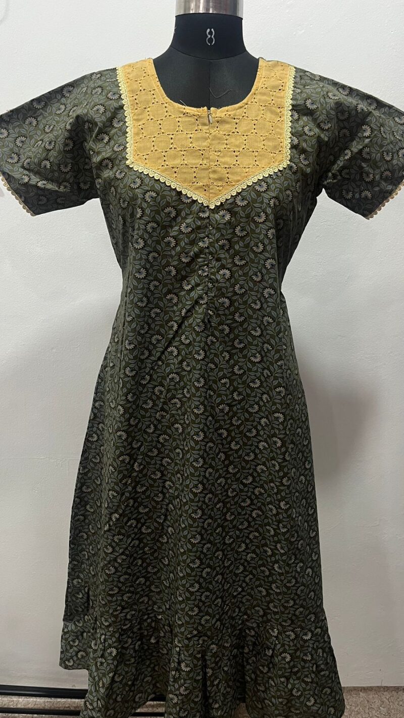 Feeding Frock Nighty with Hakoba Neck & 12" Center Zip – Cotton | Lace-Edged Sleeves (48” Length | 44” Width)