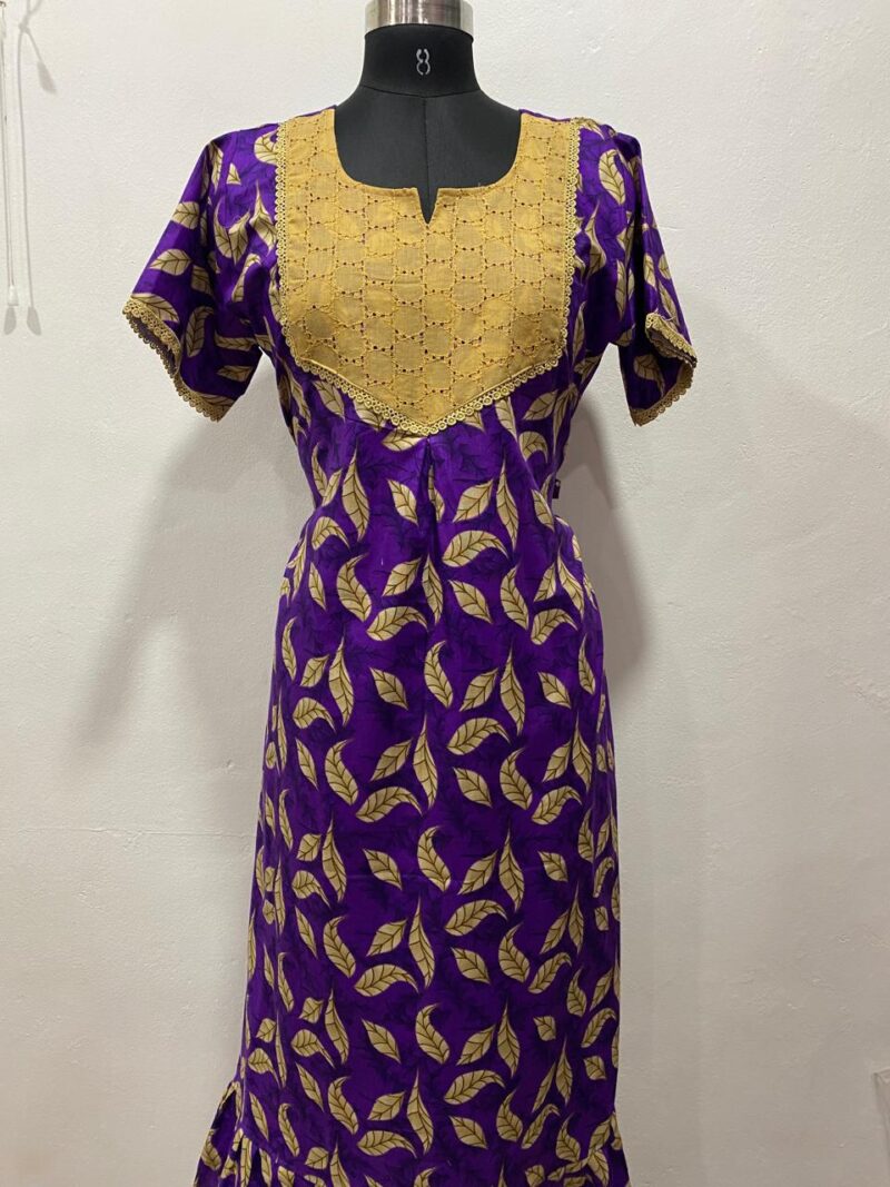 Frock Nighty with Hakoba work Neck – Cotton | Lace-Edged Sleeves (48” Length | 44” Width)