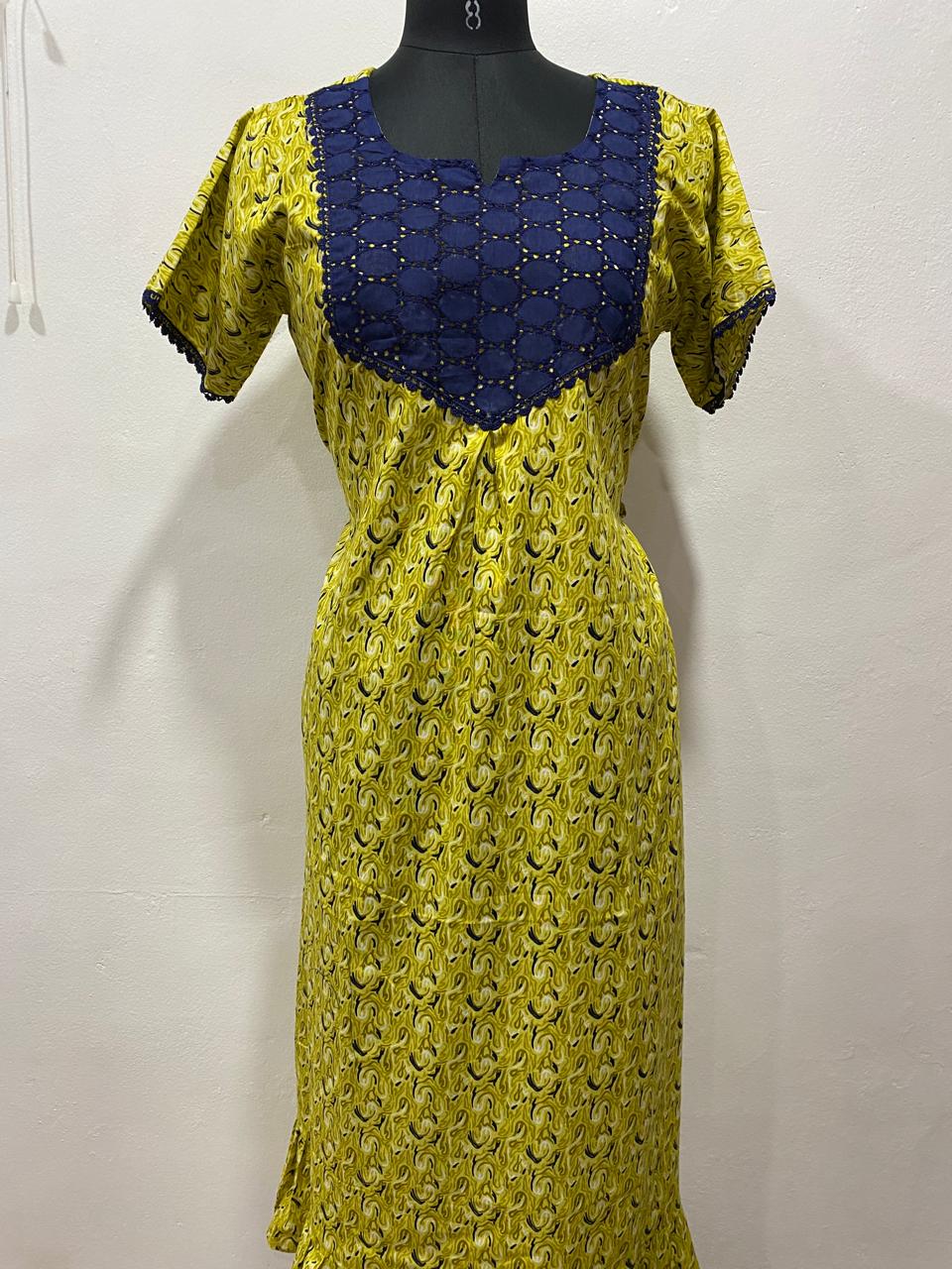 Frock Nighty with Hakoba work Neck – Cotton | Lace-Edged Sleeves (48” Length | 44” Width)