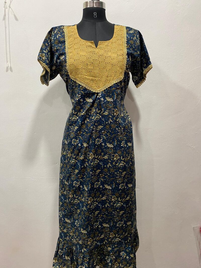 Frock Nighty with Hakoba work Neck – Cotton | Lace-Edged Sleeves (48” Length | 44” Width)