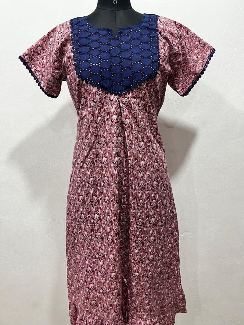 Frock Nighty with Hakoba work Neck – Cotton | Lace-Edged Sleeves (48” Length | 44” Width)