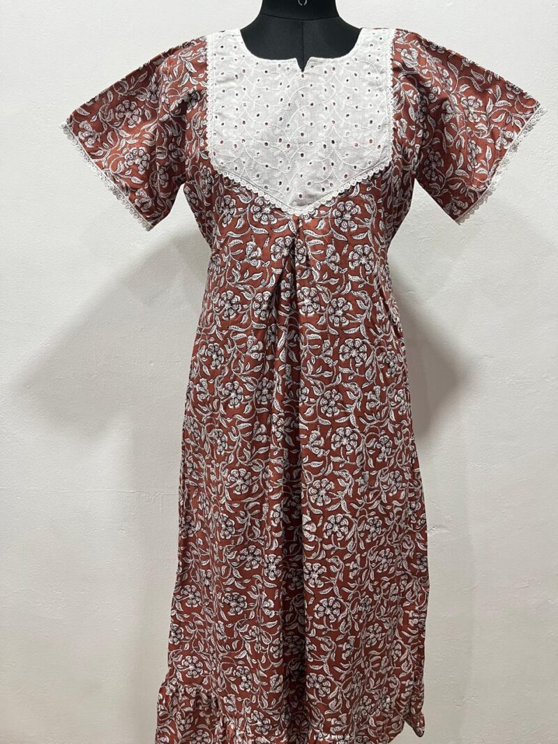 Frock Nighty with Hakoba work Neck – Cotton | Lace-Edged Sleeves (48” Length | 44” Width)