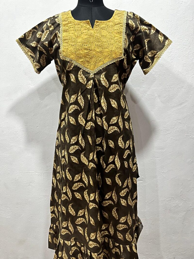 Frock Nighty with Hakoba work Neck – Cotton | Lace-Edged Sleeves (48” Length | 44” Width)