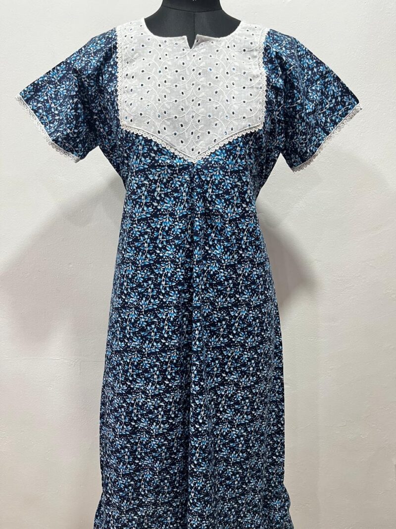 Frock Nighty with Hakoba work Neck – Cotton | Lace-Edged Sleeves (48” Length | 44” Width)