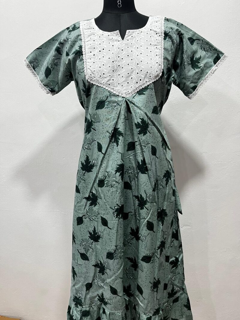 Frock Nighty with Hakoba work Neck – Cotton | Lace-Edged Sleeves (48” Length | 44” Width)