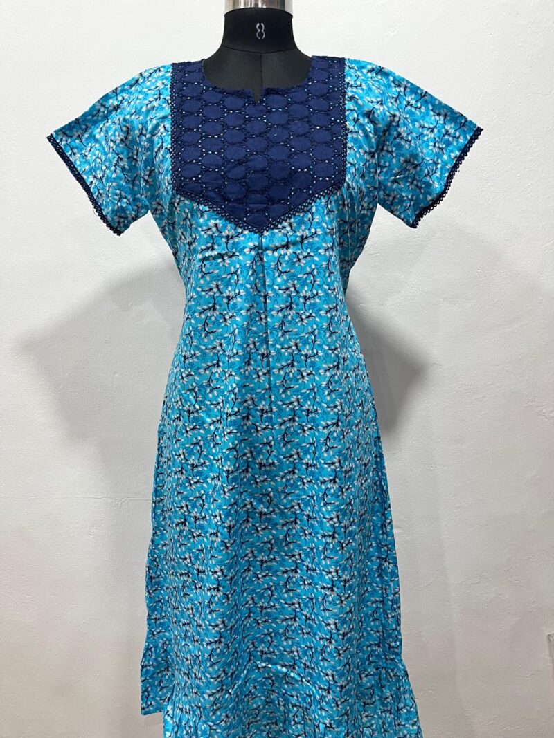 Frock Nighty with Hakoba work Neck – Cotton | Lace-Edged Sleeves (48” Length | 44” Width)