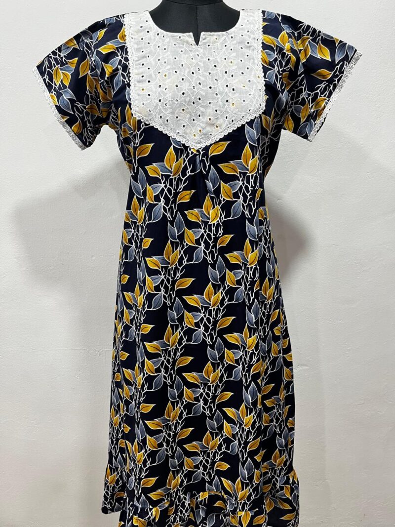 Frock Nighty with Hakoba work Neck – Cotton | Lace-Edged Sleeves (48” Length | 44” Width)