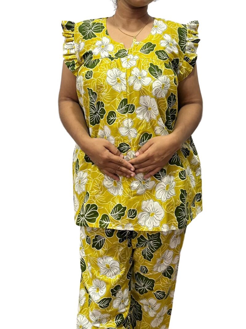 Lemon Yellow Olive Green & White Floral  Print Feeding Night Dress with 12” Hidden Zip & Ruffled Sleeves – Cotton ₹480