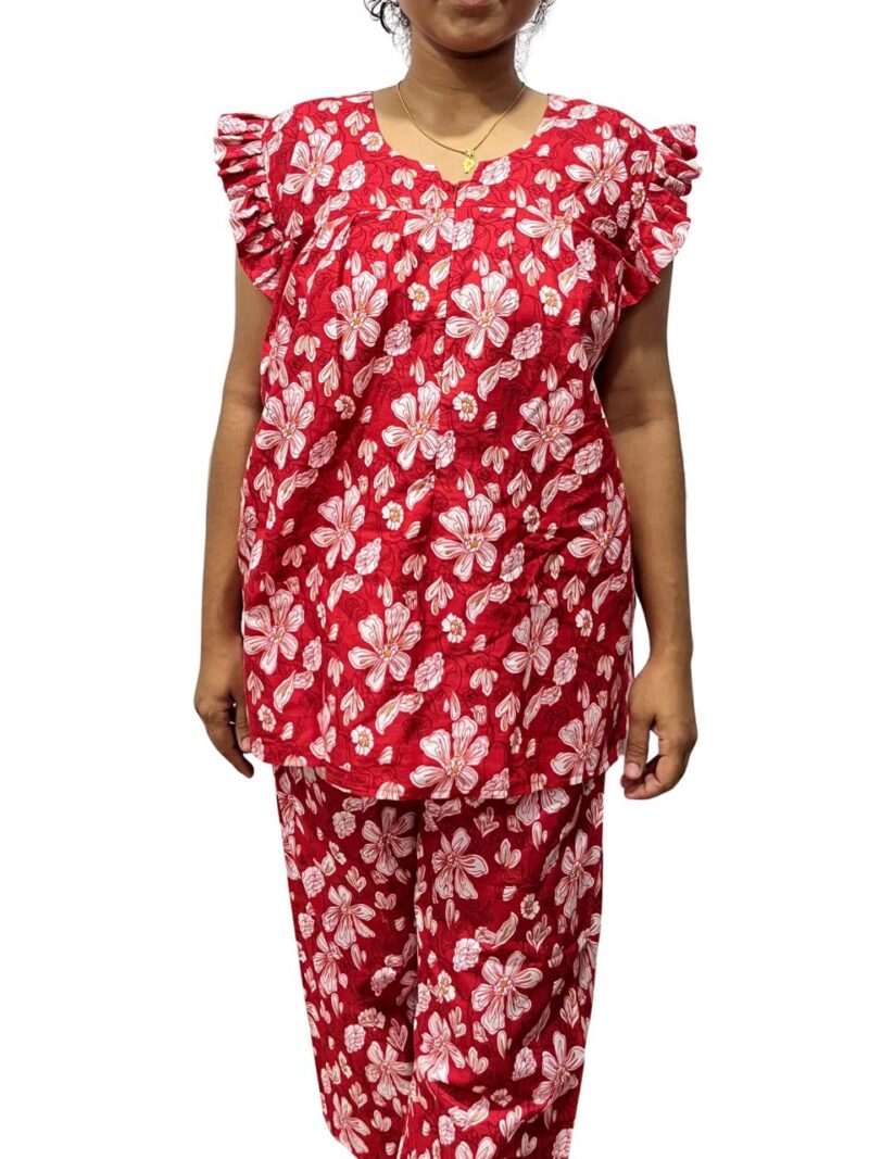 Red & White Floral  Print Feeding Night Dress with 12” Hidden Zip & Ruffled Sleeves – Cotton ₹480