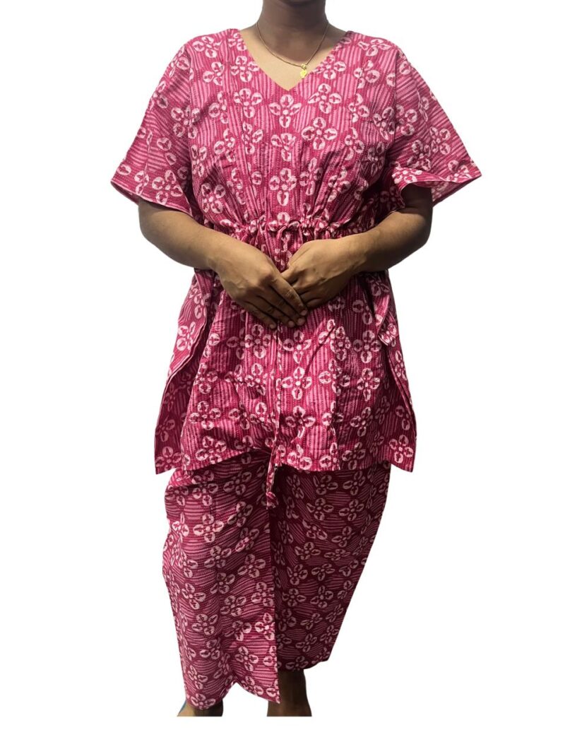 Floral Kantha Cotton Kaftan Style Feeding  Night Dress with Adjustable Tie & Elastic Pant – Width 44″, Length 30″ – ₹520
