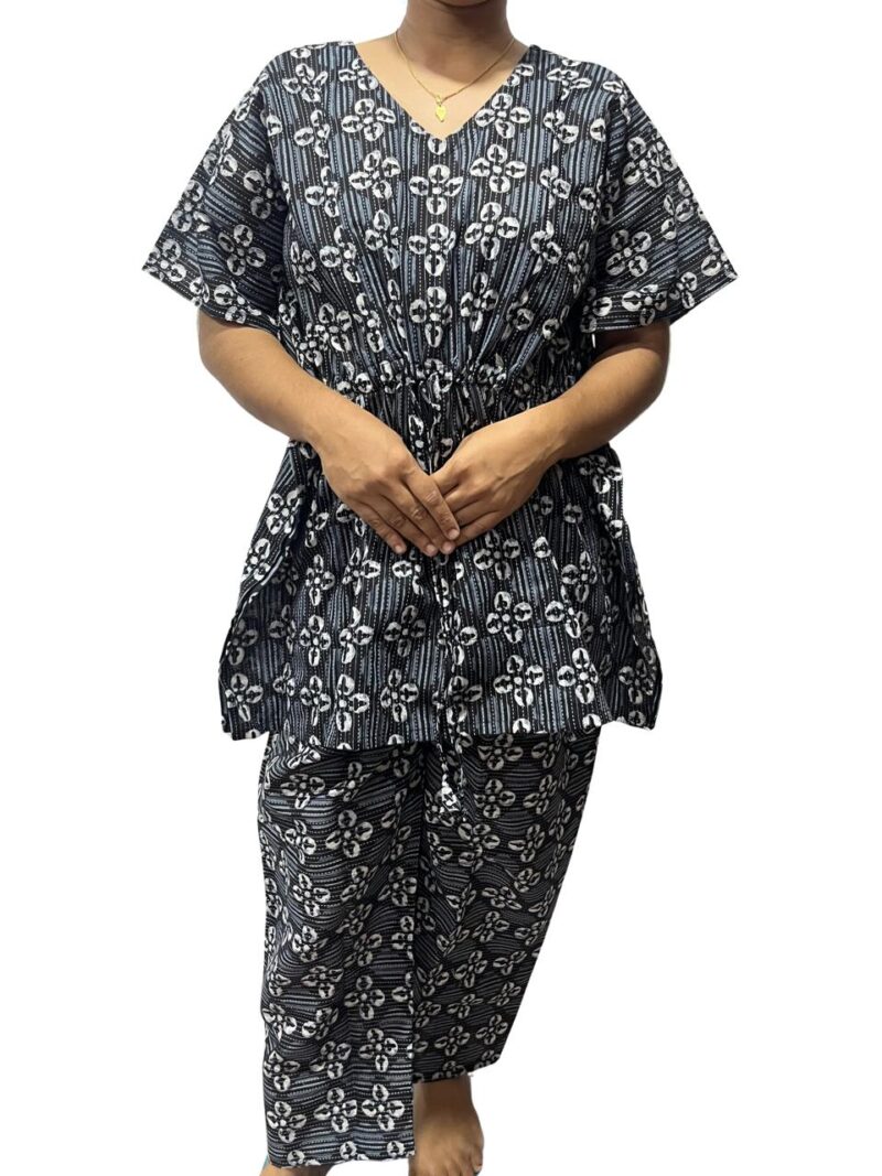 Floral Kantha Cotton Kaftan Style Feeding  Night Dress with Adjustable Tie & Elastic Pant – Width 44″, Length 30″ – ₹520