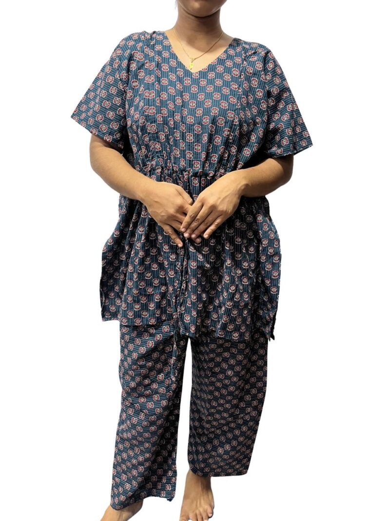 Floral Kantha Cotton Kaftan Style Feeding  Night Dress with Adjustable Tie & Elastic Pant – Width 44″, Length 30″ – ₹520