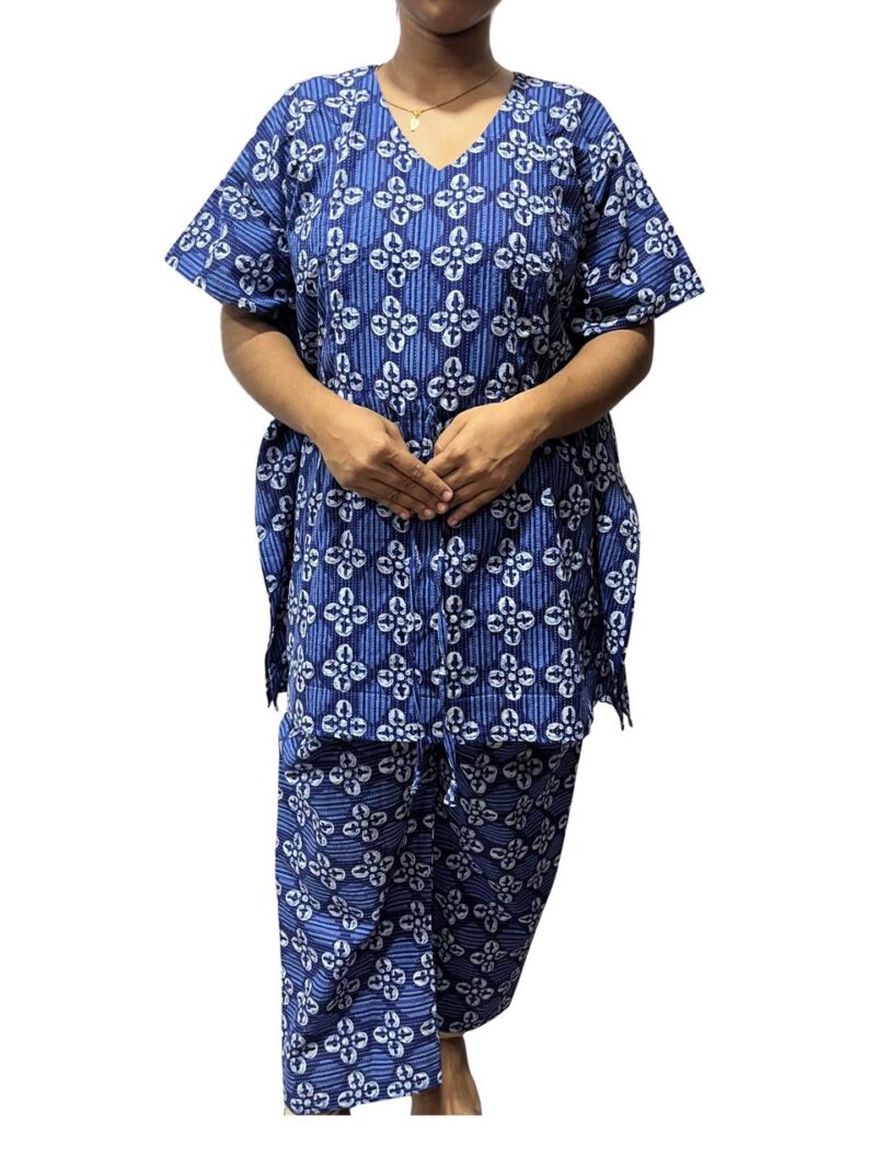 Floral Kantha Cotton Kaftan Style Feeding  Night Dress with Adjustable Tie & Elastic Pant – Width 44″, Length 30″ – ₹520