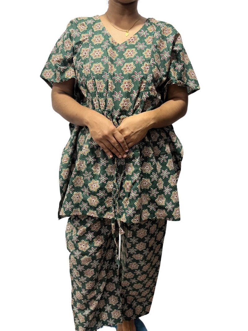 Floral Kantha Cotton Kaftan Style Feeding  Night Dress with Adjustable Tie & Elastic Pant – Width 44″, Length 30″ – ₹520