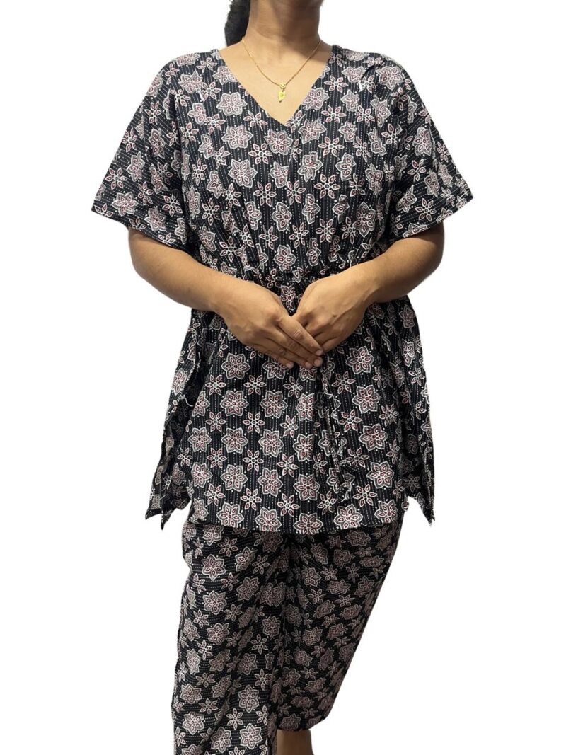 Floral Kantha Cotton Kaftan Style Feeding  Night Dress with Adjustable Tie & Elastic Pant – Width 44″, Length 30″ – ₹520