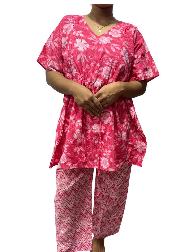 Floral Kantha Cotton Kaftan Style Feeding  Night Dress with Adjustable Tie & Elastic Pant – Width 44″, Length 30″ – ₹520