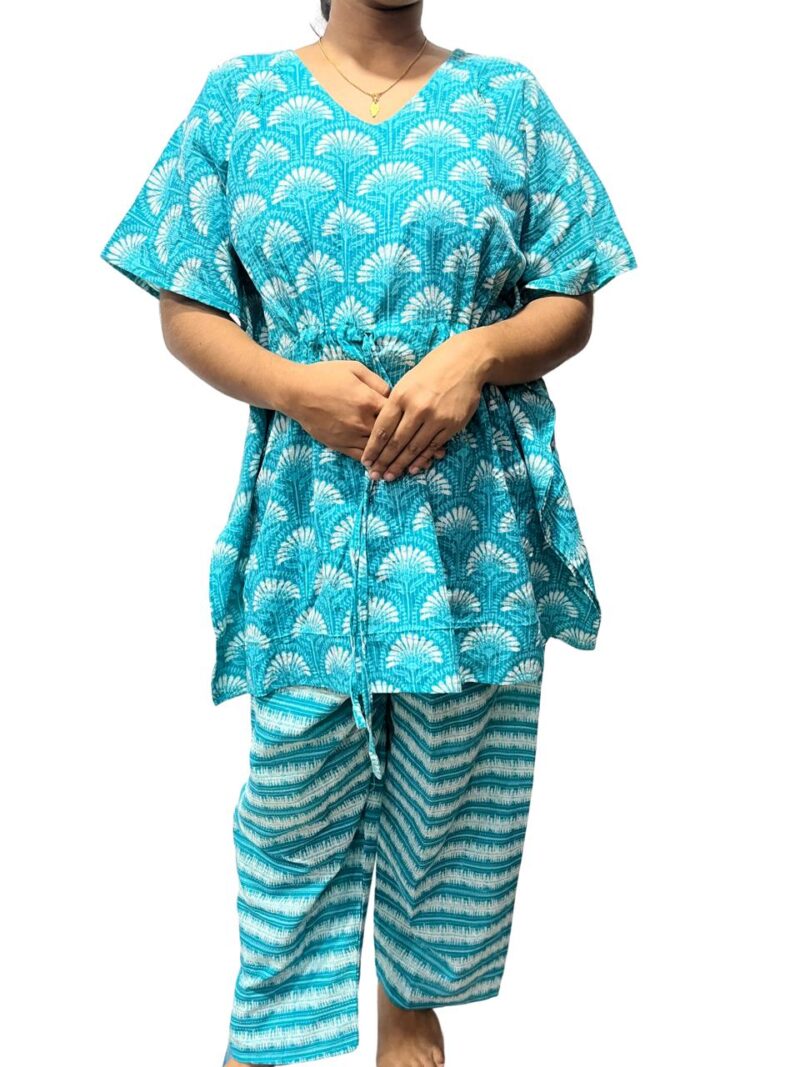 Floral Kantha Cotton Kaftan Style Feeding  Night Dress with Adjustable Tie & Elastic Pant – Width 44″, Length 30″ – ₹520