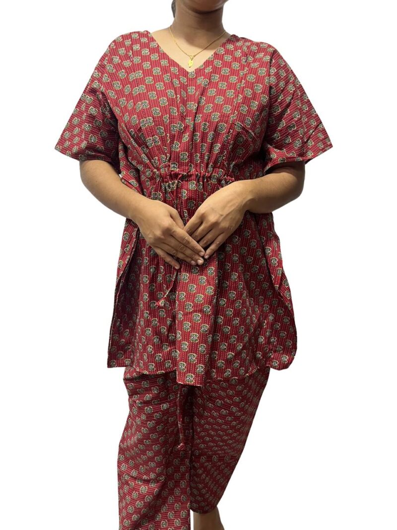 Floral Kantha Cotton Kaftan Style Feeding  Night Dress with Adjustable Tie & Elastic Pant – Width 44″, Length 30″ – ₹520