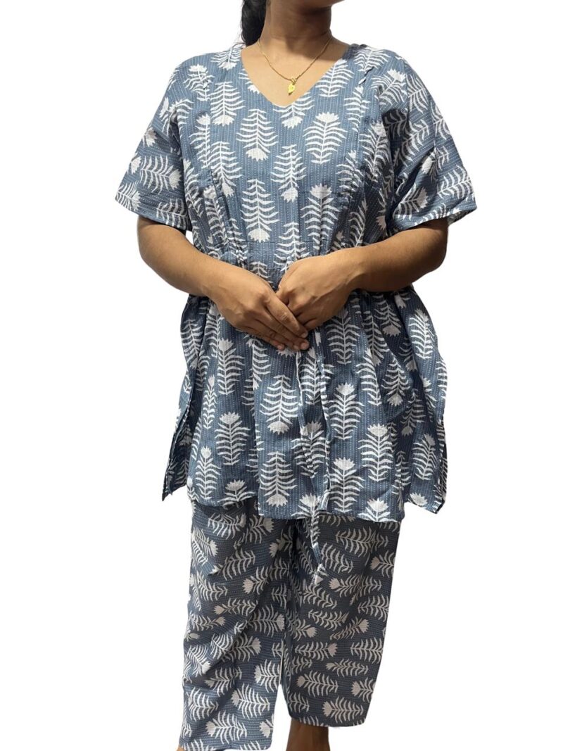 Floral Kantha Cotton Kaftan Style Feeding  Night Dress with Adjustable Tie & Elastic Pant – Width 44″, Length 30″ – ₹520