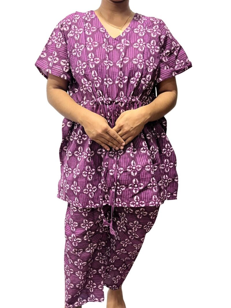 Floral Kantha Cotton Kaftan Style Feeding  Night Dress with Adjustable Tie & Elastic Pant – Width 44″, Length 30″ – ₹520