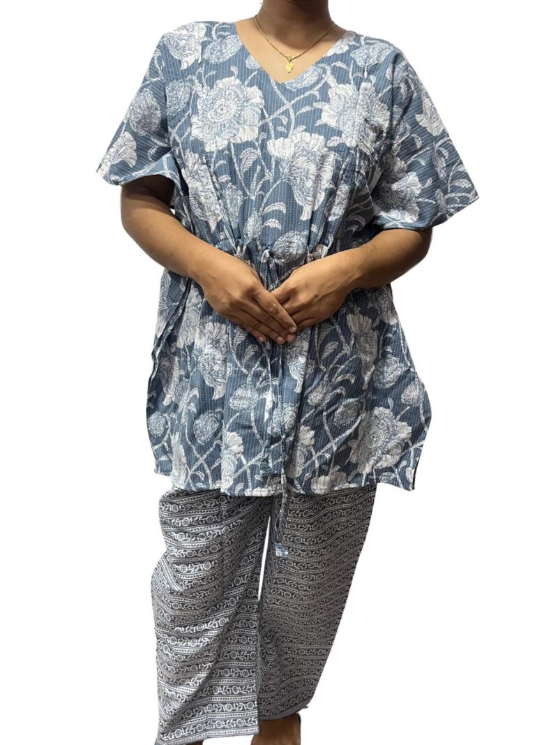 Floral Kantha Cotton Kaftan Style Feeding  Night Dress with Adjustable Tie & Elastic Pant – Width 44″, Length 30″ – ₹520