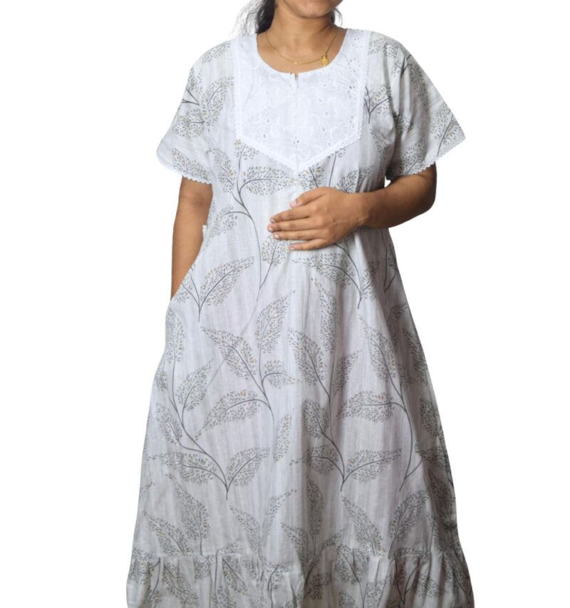 Feeding Frock Nighty with Hakoba Neck & 12" Center Zip – Cotton | Lace-Edged Sleeves (48” Length | 44” Width) (Copy) (Copy)