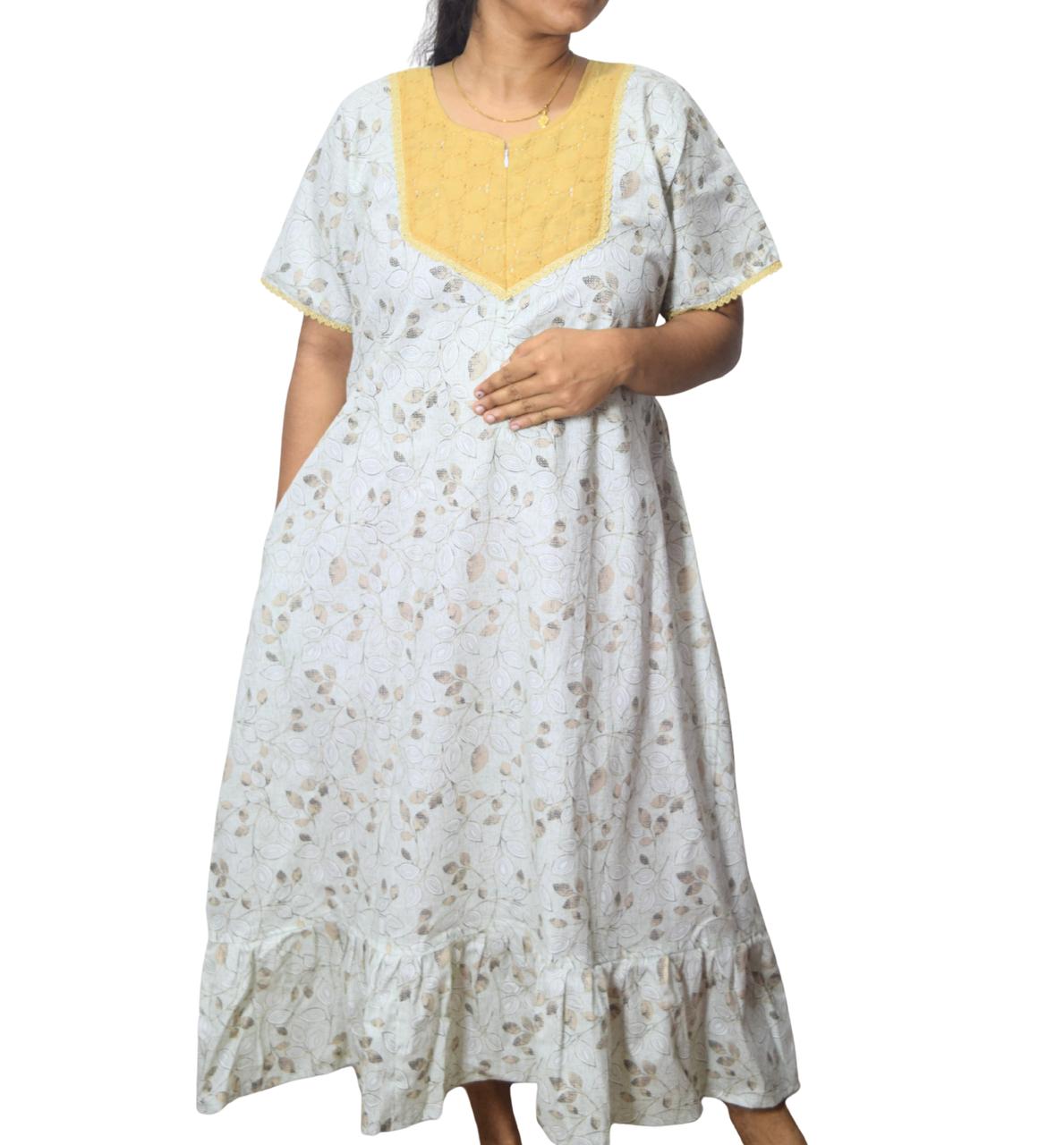 Feeding Frock Nighty with Hakoba Neck & 12" Center Zip – Cotton | Lace-Edged Sleeves (48” Length | 44” Width)