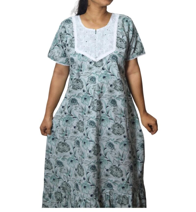 Feeding Frock Nighty with Hakoba Neck & 12" Center Zip – Cotton | Lace-Edged Sleeves (48” Length | 44” Width)