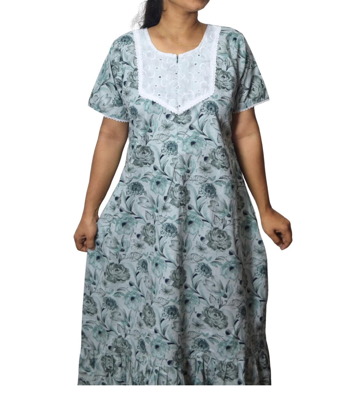 Feeding Frock Nighty with Hakoba Neck & 12" Center Zip – Cotton | Lace-Edged Sleeves (48” Length | 44” Width)