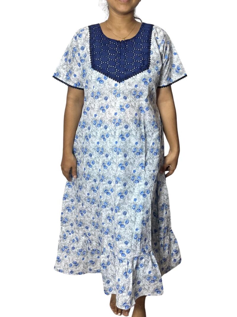 Feeding Frock Nighty with Hakoba Neck & 12" Center Zip – Cotton | Lace-Edged Sleeves (48” Length | 44” Width)