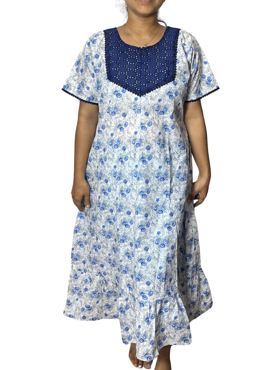 Feeding Frock Nighty with Hakoba Neck & 12" Center Zip – Cotton | Lace-Edged Sleeves (48” Length | 44” Width)