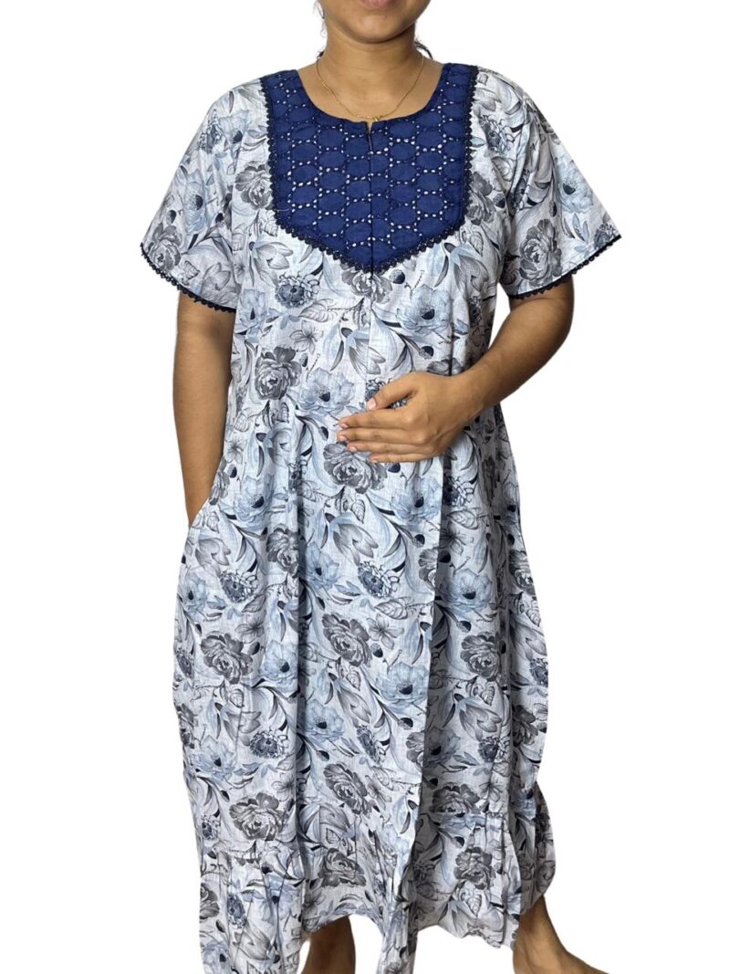 Feeding Frock Nighty with Hakoba Neck & 12" Center Zip – Cotton | Lace-Edged Sleeves (48” Length | 44” Width) (Copy)