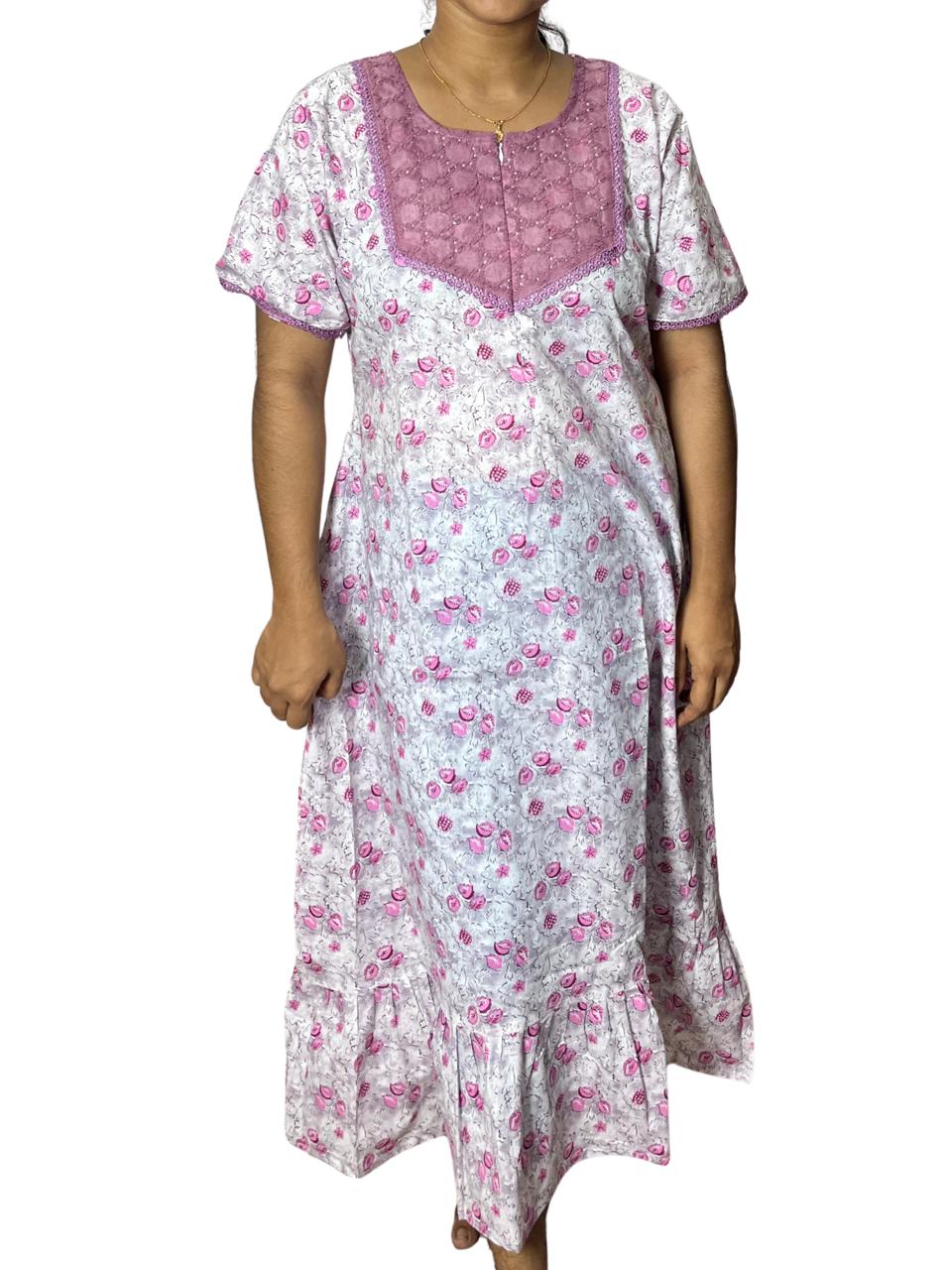 Feeding Frock Nighty with Hakoba Neck & 12" Center Zip – Cotton | Lace-Edged Sleeves (48” Length | 44” Width)